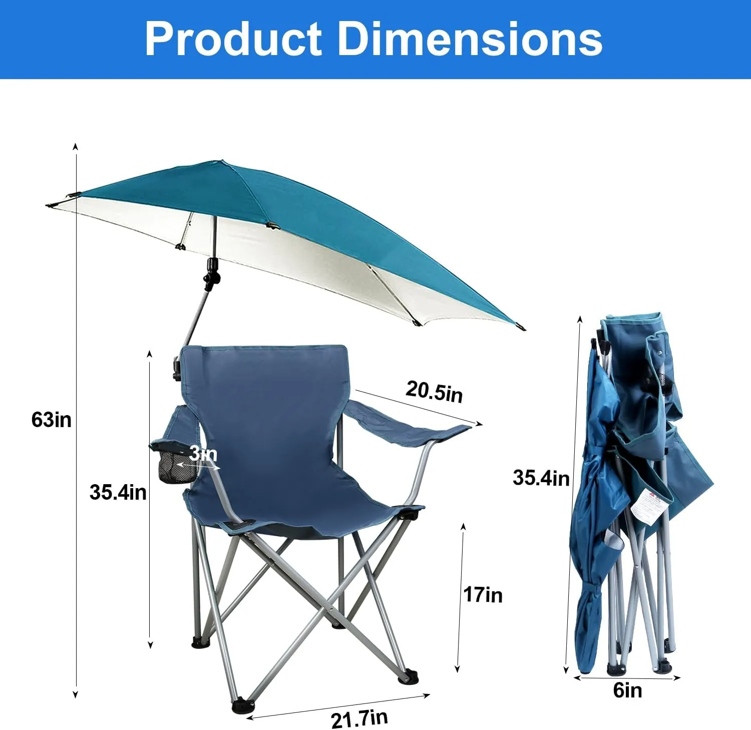 Beach Chair,Portable Folding Camping Chairs with Adjustable Umbrella,Lightweight Camping Chair for Adults with Cup Holder,Reclining Chair for Adults Outdoor, Camping Fishing(Blue)