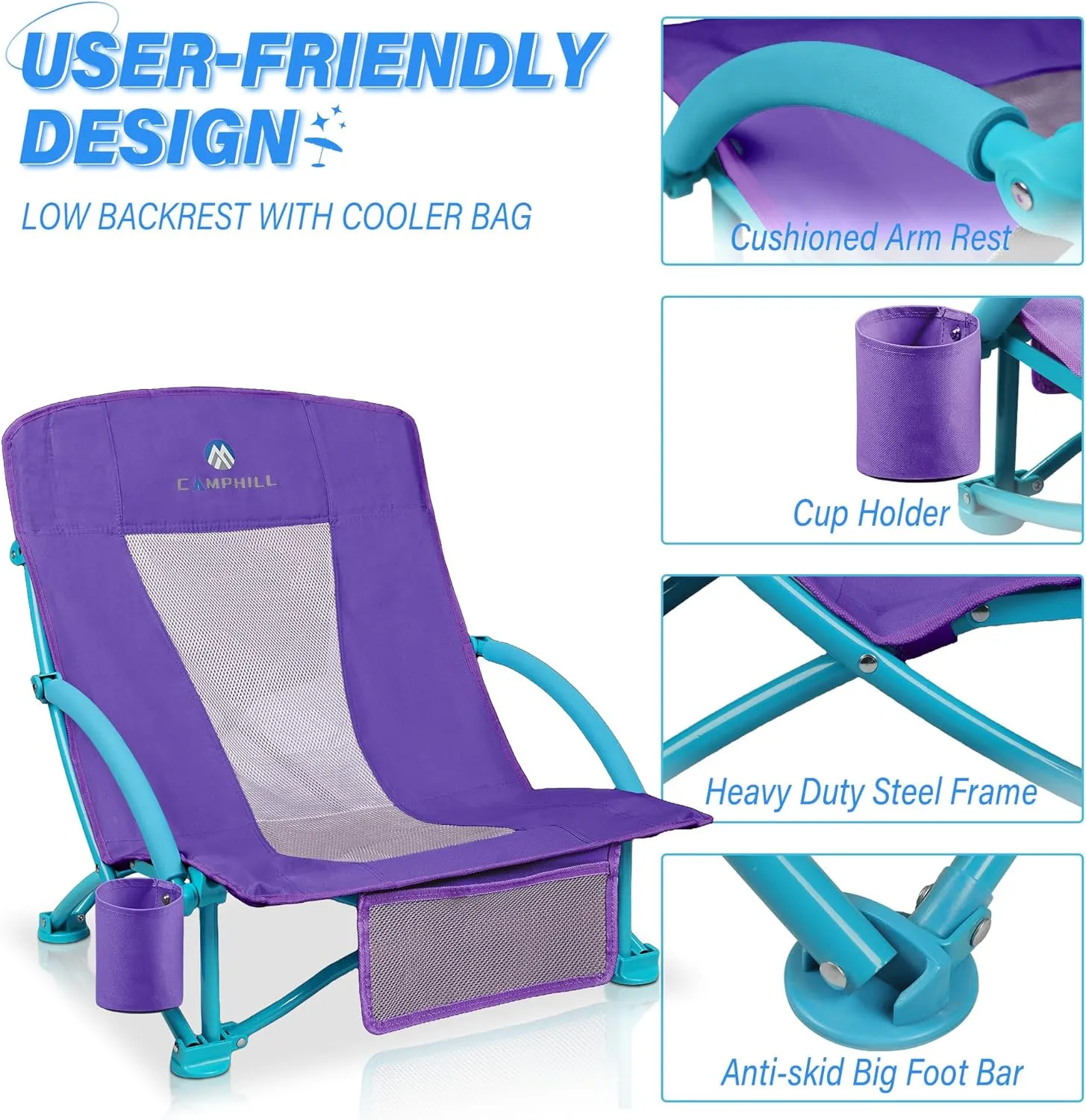 Beach Chairs for Adults 2 Pack,Heavy Duty Folding Low Back Camping Chairs w/Cooler Bag,Mesh Back,Cup Holder & Storage Bag,Compact Sling Chair for Lawn,Picnic,Travel,Purple