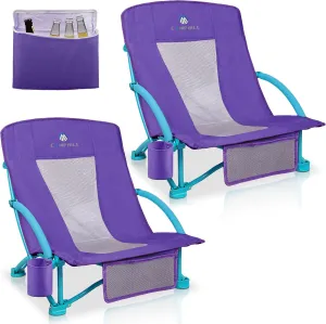 Beach Chairs for Adults 2 Pack,Heavy Duty Folding Low Back Camping Chairs w/Cooler Bag,Mesh Back,Cup Holder & Storage Bag,Compact Sling Chair for Lawn,Picnic,Travel,Purple