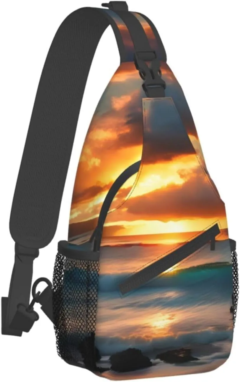 Beach Maui Hawaii Sunset Sea Waves Clouds Print Sling Backpack, Sling Bag, Crossbody Chest Bag Daypack, for Hiking Travel