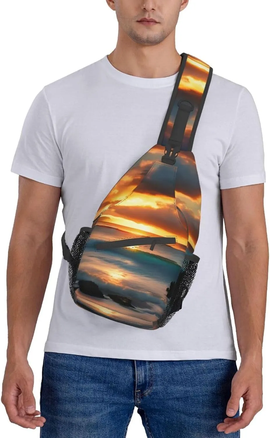 Beach Maui Hawaii Sunset Sea Waves Clouds Print Sling Backpack, Sling Bag, Crossbody Chest Bag Daypack, for Hiking Travel