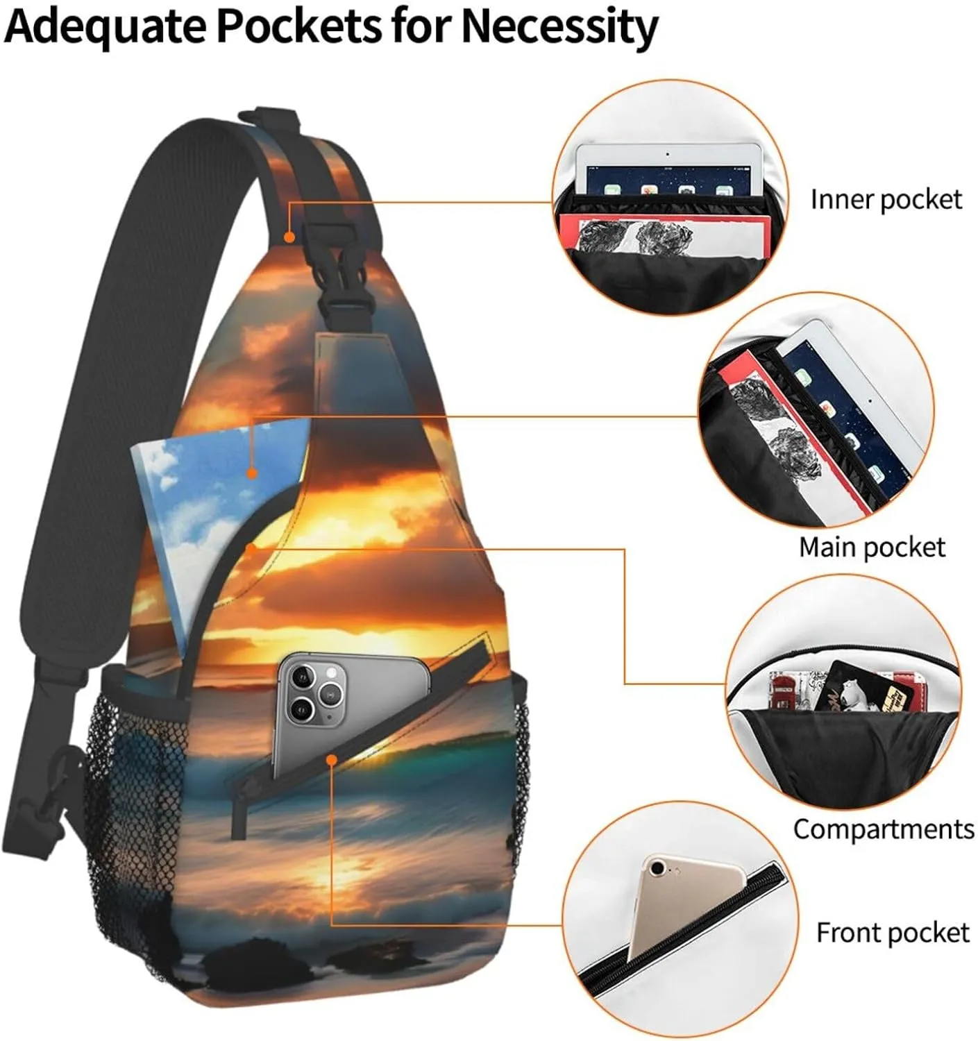 Beach Maui Hawaii Sunset Sea Waves Clouds Print Sling Backpack, Sling Bag, Crossbody Chest Bag Daypack, for Hiking Travel