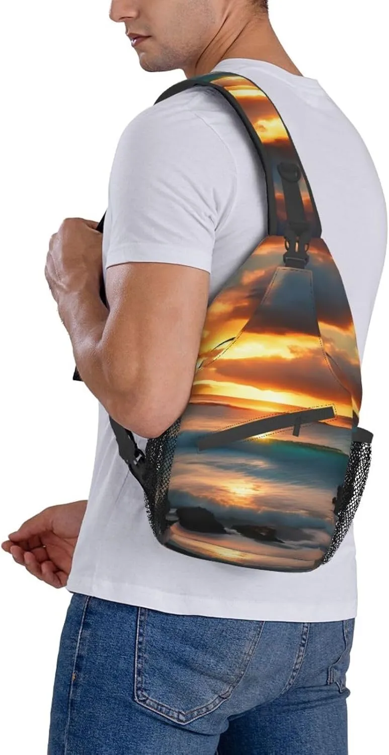 Beach Maui Hawaii Sunset Sea Waves Clouds Print Sling Backpack, Sling Bag, Crossbody Chest Bag Daypack, for Hiking Travel