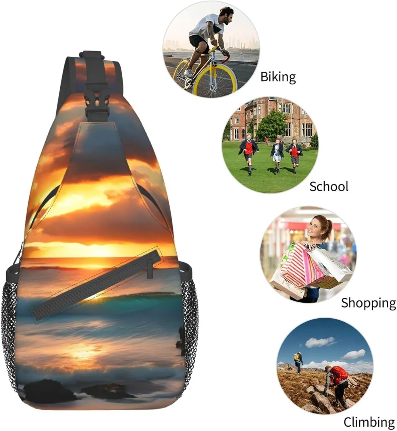 Beach Maui Hawaii Sunset Sea Waves Clouds Print Sling Backpack, Sling Bag, Crossbody Chest Bag Daypack, for Hiking Travel