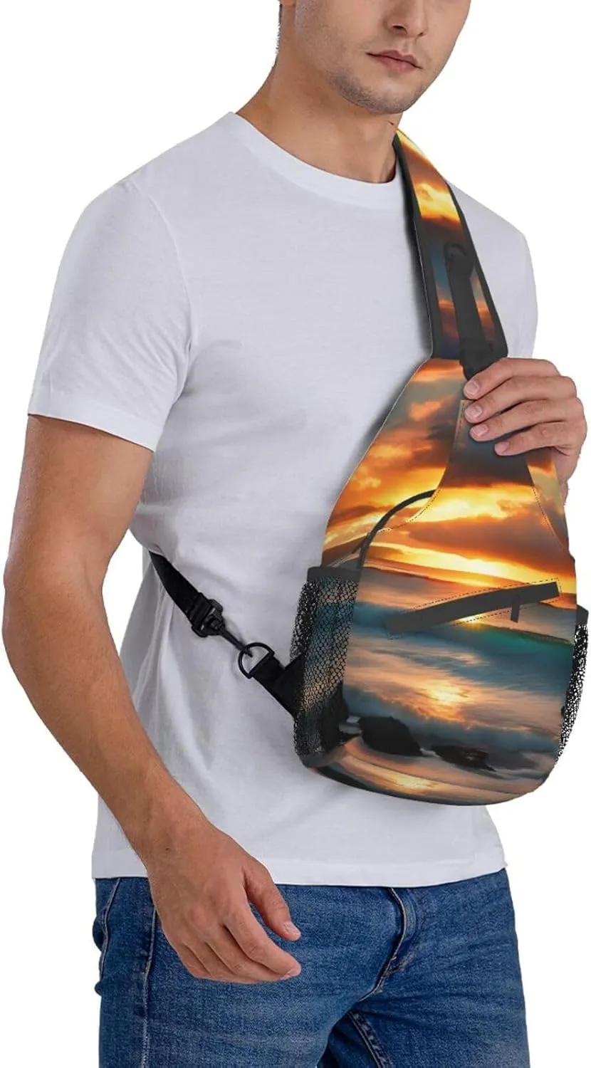 Beach Maui Hawaii Sunset Sea Waves Clouds Print Sling Backpack, Sling Bag, Crossbody Chest Bag Daypack, for Hiking Travel