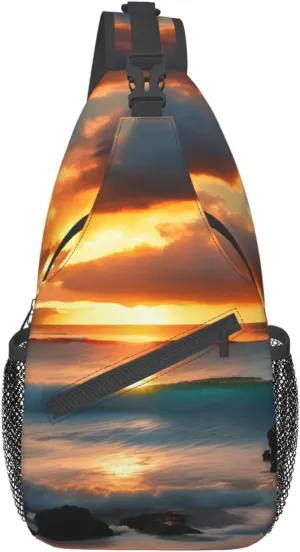 Beach Maui Hawaii Sunset Sea Waves Clouds Print Sling Backpack, Sling Bag, Crossbody Chest Bag Daypack, for Hiking Travel