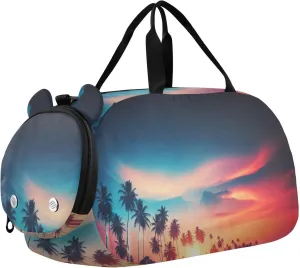 Beach Sunset Palm Trees Duffle Bag for Girl, Sports Duffle Gym Bags with Shoe Compartment, Personalized Overnight Bag Travel Weekender for Kids