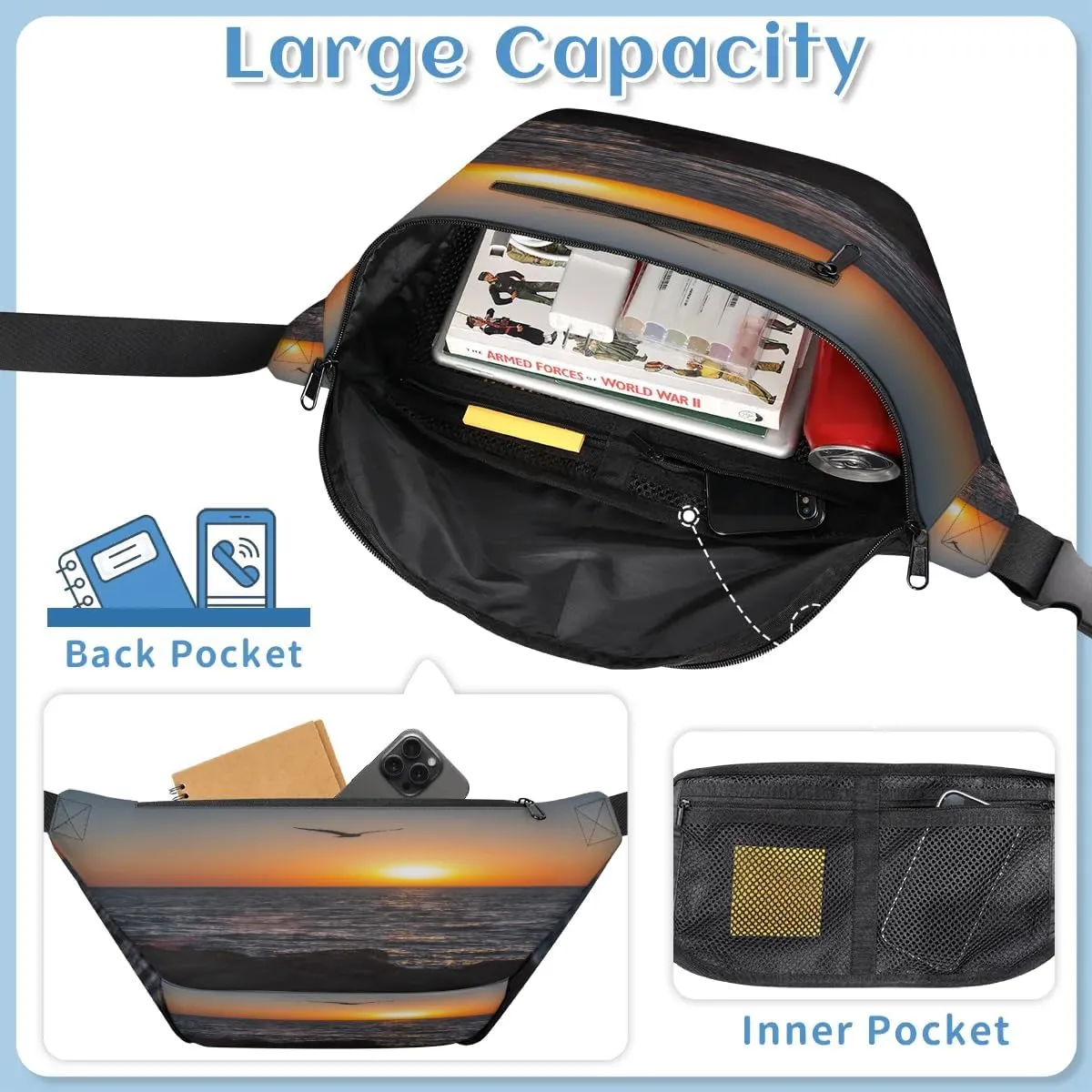 Beach Sunset Seagull Crossbody Sling Bag for Women Men Crossbody Backpack with 4 Zipper Pockets Fanny Pack Shoulder Casual Daypack for Travel Running Hiking Cycling