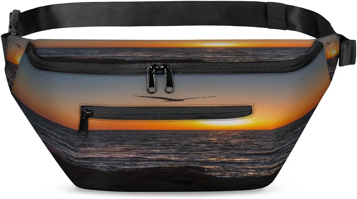 Beach Sunset Seagull Crossbody Sling Bag for Women Men Crossbody Backpack with 4 Zipper Pockets Fanny Pack Shoulder Casual Daypack for Travel Running Hiking Cycling