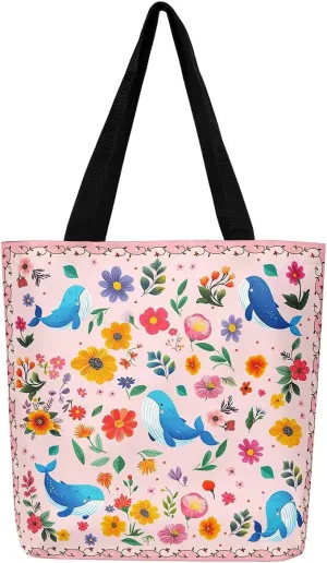 Bear Canvas Tote Bag Boho Floral Travel Bag,Wildflower Cloth Cotton Bags Cottagecore Decor,Pink