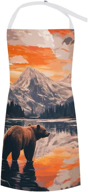 Bear Snow Mountain Sunset Waterproof Aprons with Pockets Adjustable Kitchen Chef Apron for Cooking Baking Gifts
