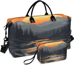 Beautiful Sunset Mountains Travel Duffel Bags 2PCS,Sports Duffel Bags for Men Women,Weekender Overnight Bag Gym Tote Bag with Toiletry Bag