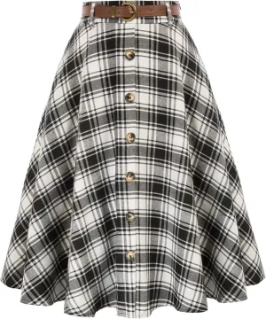 Belle Poque Women's Plaid A-line Skirt Vintage Pleated Flared Midi Skirts Fall Winter Skirts with Pockets & Belts