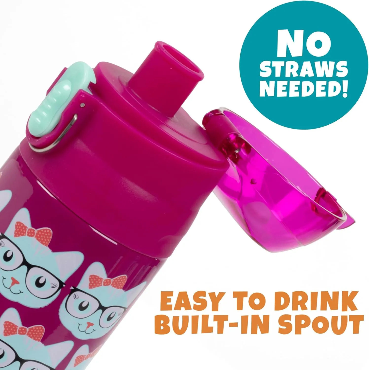 Bentology Stainless Steel 13 oz Reusable Water Bottle for Kids, Kitty Cat - Double Wall Insulated, Spill Proof Lid w/Built-in Straw- Keep Liquids Hot or Cold For Hours- Fits in Lunch Boxes & Bags