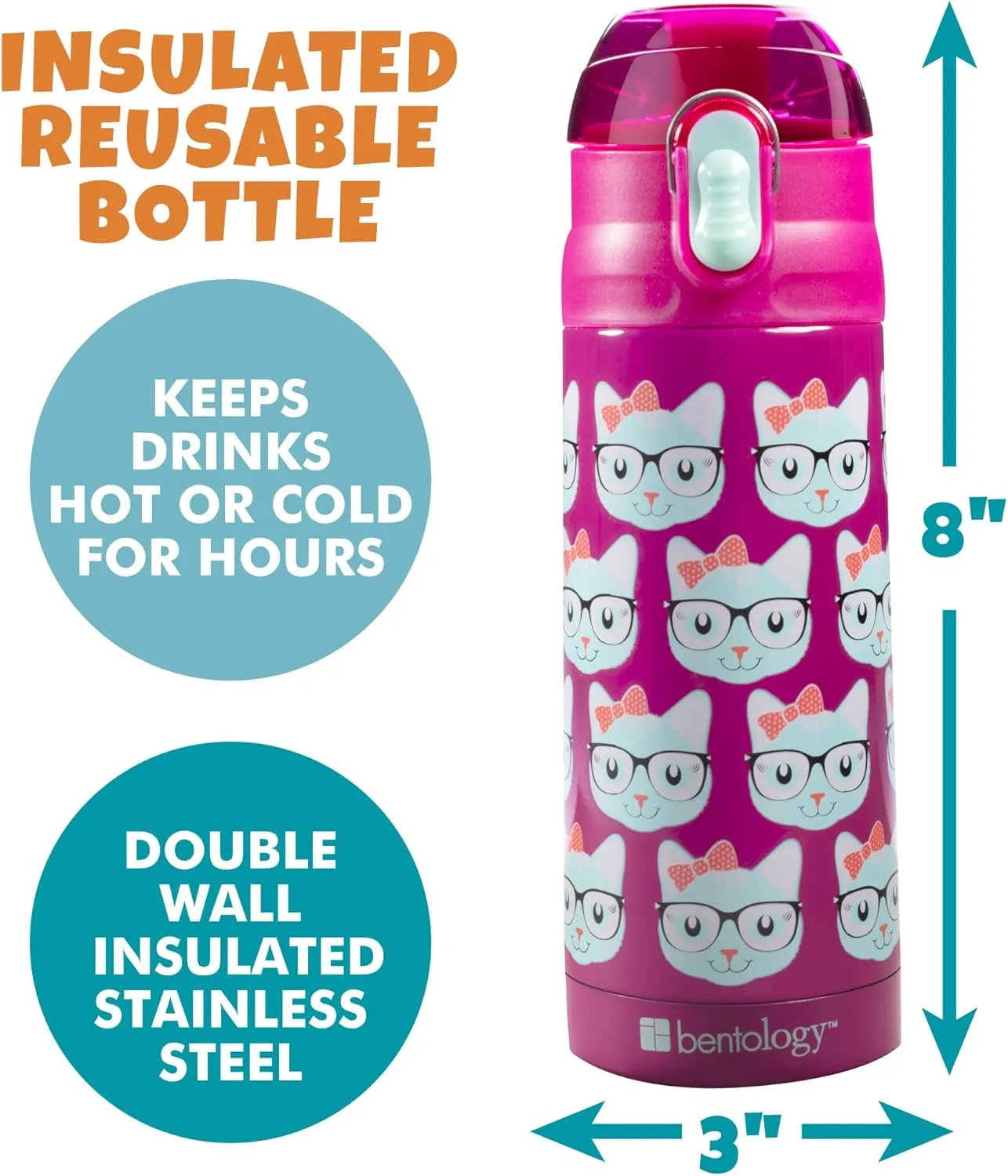 Bentology Stainless Steel 13 oz Reusable Water Bottle for Kids, Kitty Cat - Double Wall Insulated, Spill Proof Lid w/Built-in Straw- Keep Liquids Hot or Cold For Hours- Fits in Lunch Boxes & Bags