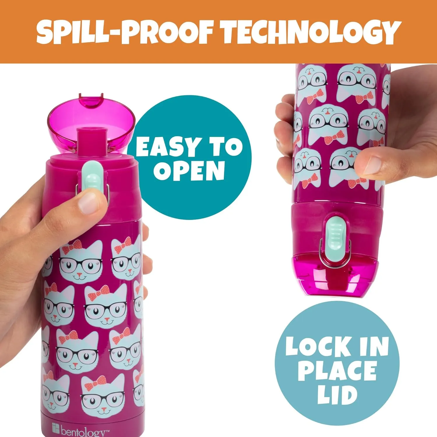 Bentology Stainless Steel 13 oz Reusable Water Bottle for Kids, Kitty Cat - Double Wall Insulated, Spill Proof Lid w/Built-in Straw- Keep Liquids Hot or Cold For Hours- Fits in Lunch Boxes & Bags