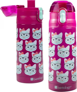 Bentology Stainless Steel 13 oz Reusable Water Bottle for Kids, Kitty Cat - Double Wall Insulated, Spill Proof Lid w/Built-in Straw- Keep Liquids Hot or Cold For Hours- Fits in Lunch Boxes & Bags