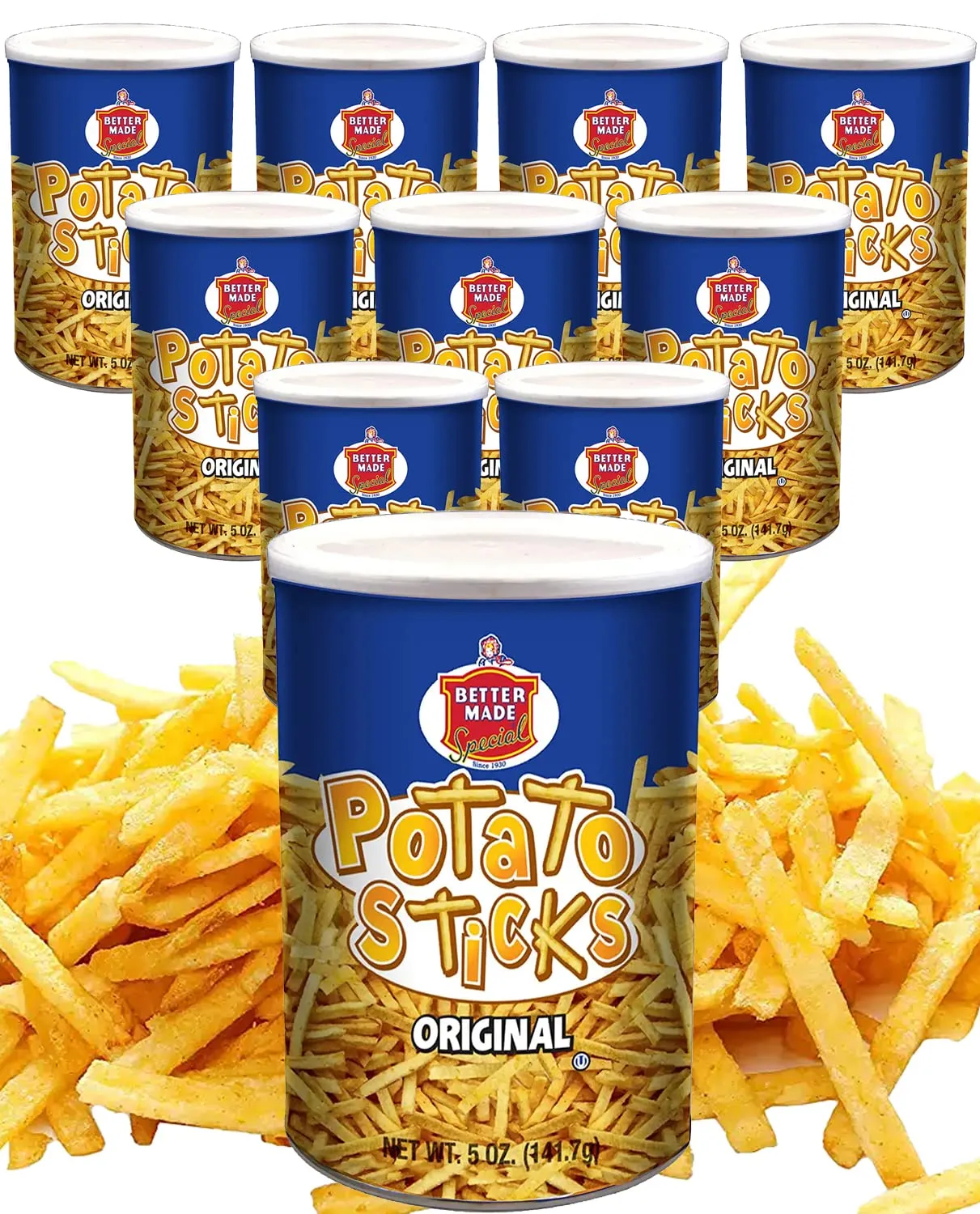 Better Made Potato Sticks 5oz Canister - (Original, 12 Can Tray) - Shoestring Potato Sticks - Gluten Free - Crunchy, Crispy Snack from Fresh Potatoes - Resealable Lid