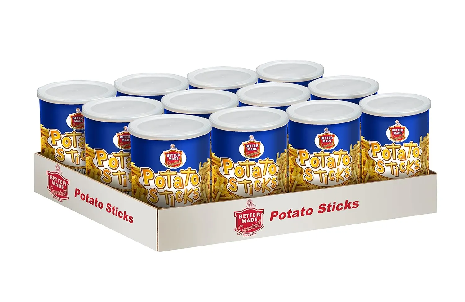 Better Made Potato Sticks 5oz Canister - (Original, 12 Can Tray) - Shoestring Potato Sticks - Gluten Free - Crunchy, Crispy Snack from Fresh Potatoes - Resealable Lid