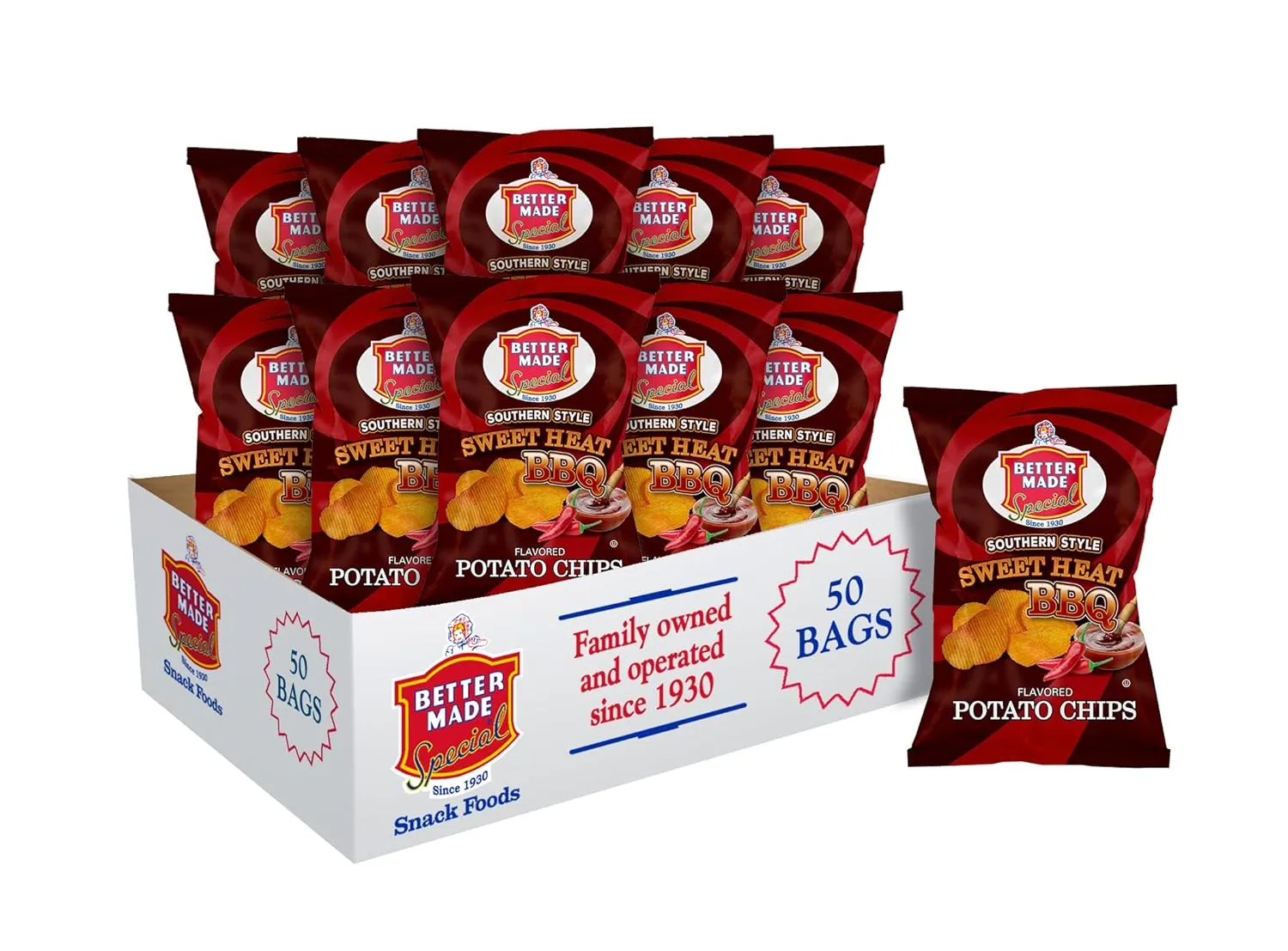 Better Made Special Potato Chips (Southern Style Sweet Heat BBQ) - 50 Pack - 50 x 1 oz. Bags - Crunchy, Individual Snacks Made from Fresh Potatoes - Family Owned and Operated