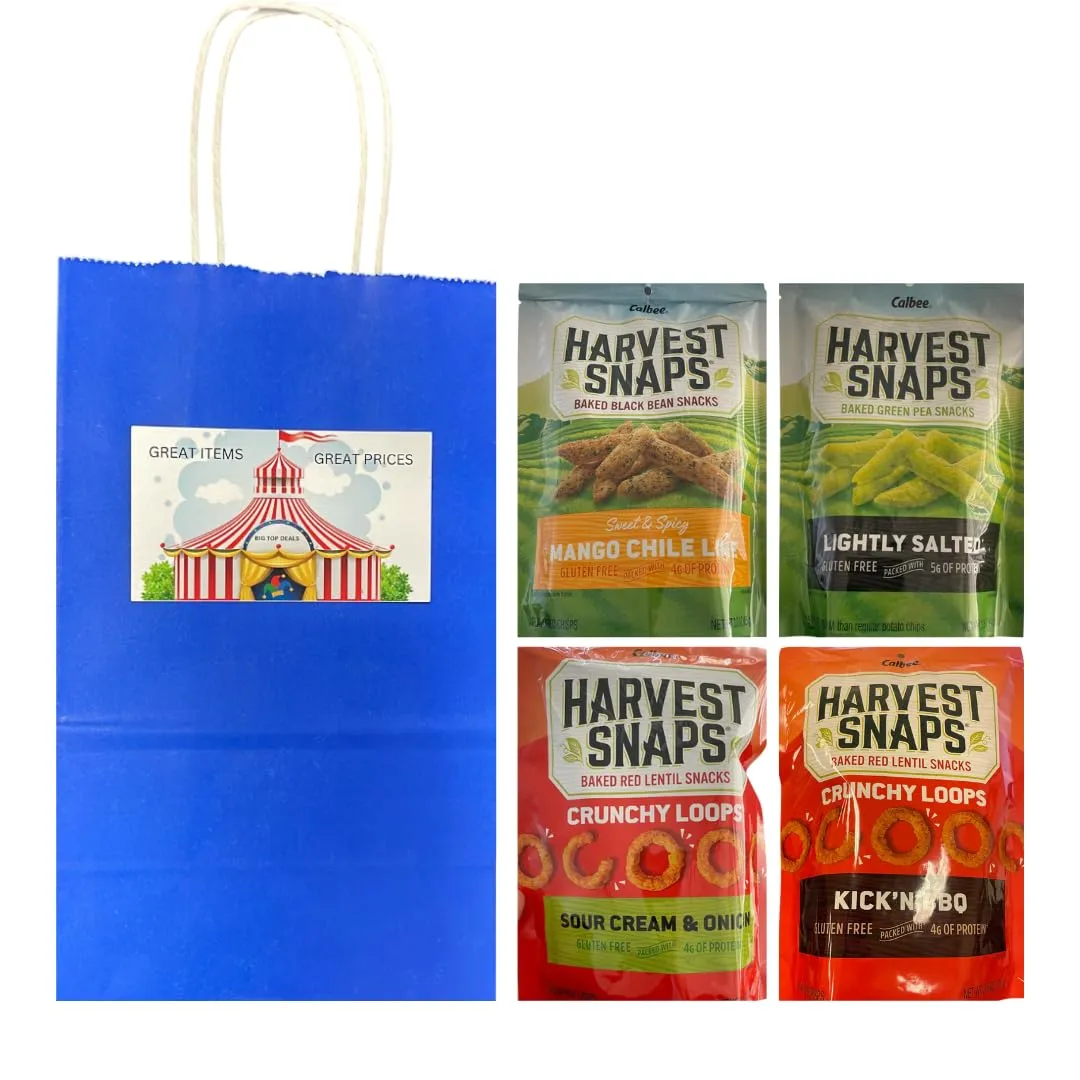 Big Top Deals USA Blue Paper Bag with Veggie Chips Variety Pack – 4ct Harvest Snaps Bags – Mango Chili Lime, Lightly Salted, Kick'n BBQ, Sour Cream & Onion – Crunchy Baked Snacks