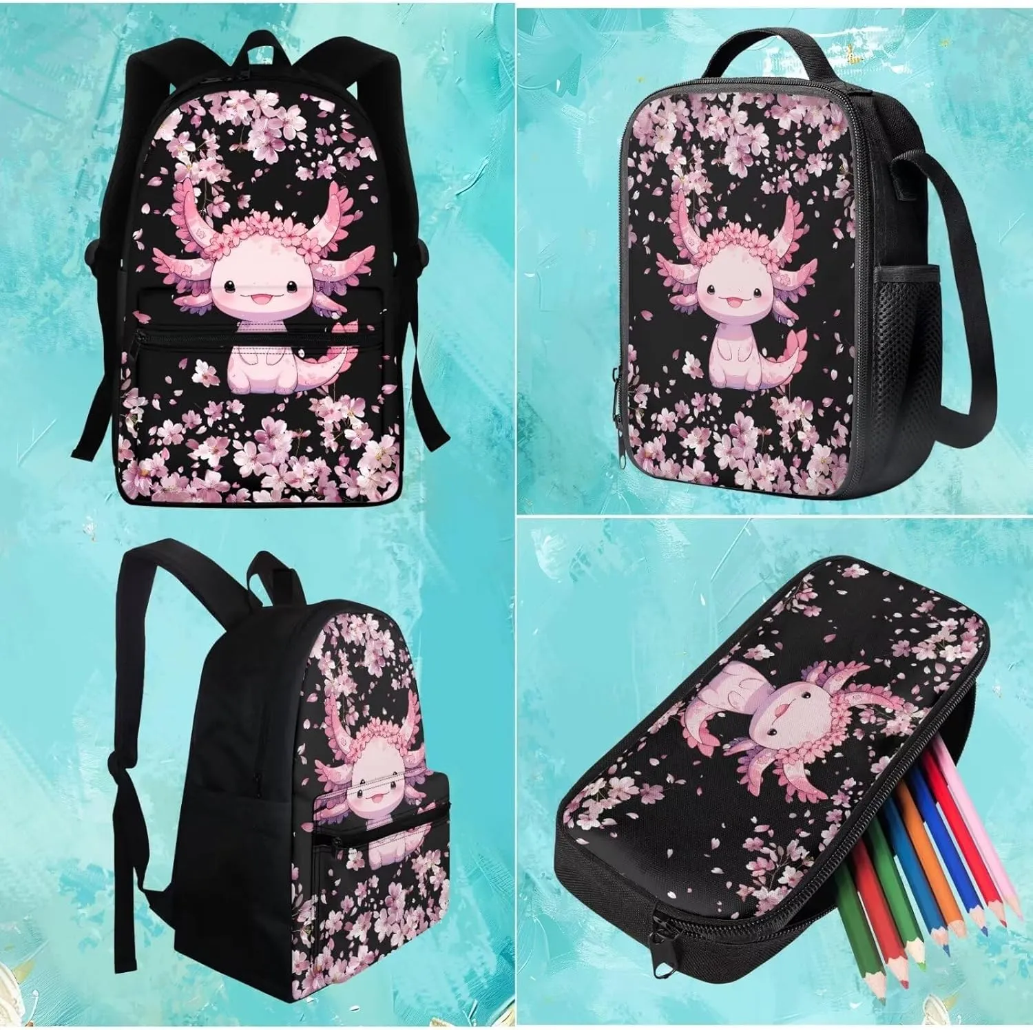 BIGCARJOB Kids Backpack Flower Axolotl School Bags for Girls 10-12 Book Bag 17 Inch Kids Children Schoolbag Large Bookbag with Lunch Box Pencil Case Set Pink Cherry Blossom Flower Axolotl Backpack Set