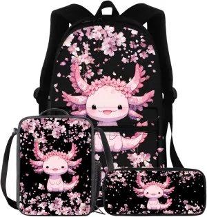 BIGCARJOB Kids Backpack Flower Axolotl School Bags for Girls 10-12 Book Bag 17 Inch Kids Children Schoolbag Large Bookbag with Lunch Box Pencil Case Set Pink Cherry Blossom Flower Axolotl Backpack Set
