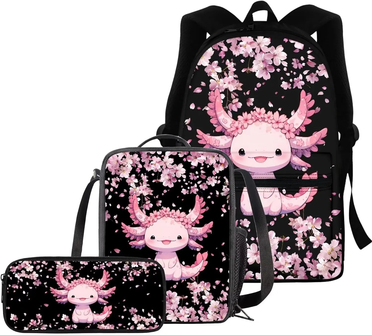 BIGCARJOB Kids Backpack Flower Axolotl School Bags for Girls 10-12 Book Bag 17 Inch Kids Children Schoolbag Large Bookbag with Lunch Box Pencil Case Set Pink Cherry Blossom Flower Axolotl Backpack Set