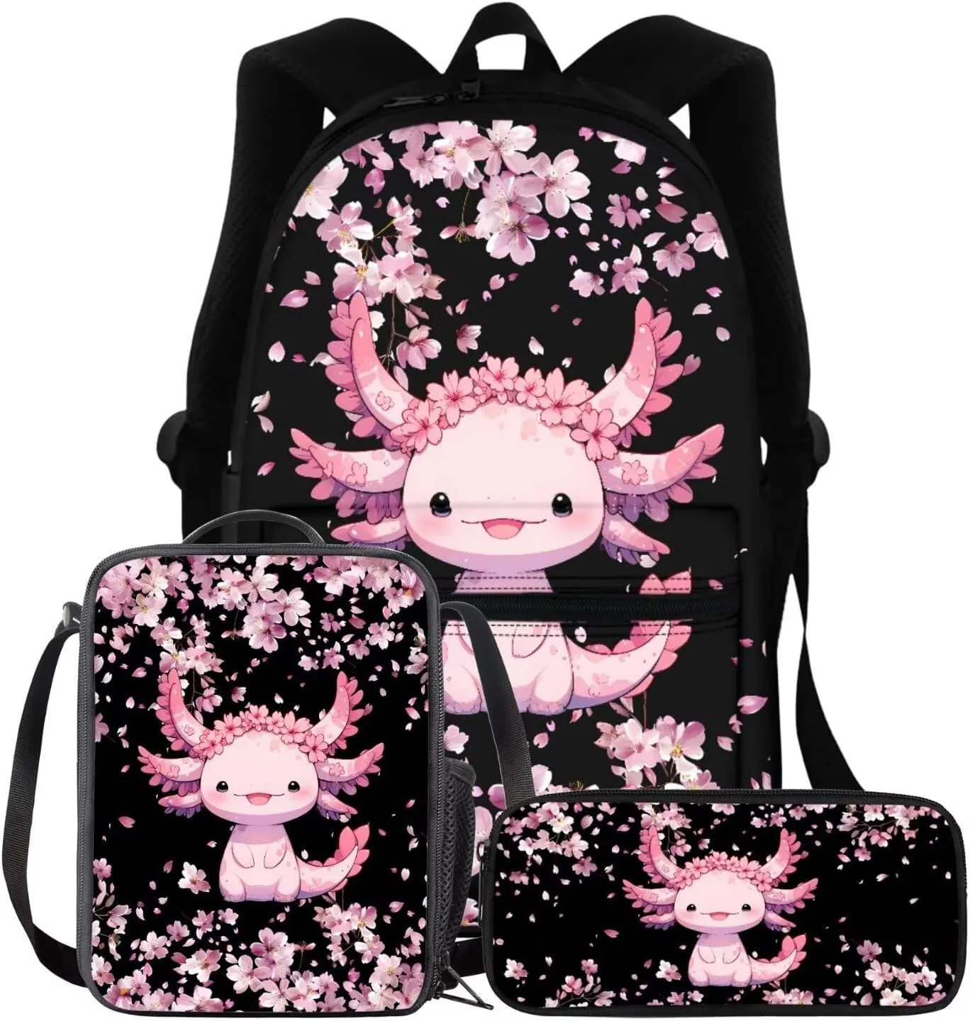 BIGCARJOB Kids Backpack Flower Axolotl School Bags for Girls 10-12 Book Bag 17 Inch Kids Children Schoolbag Large Bookbag with Lunch Box Pencil Case Set Pink Cherry Blossom Flower Axolotl Backpack Set