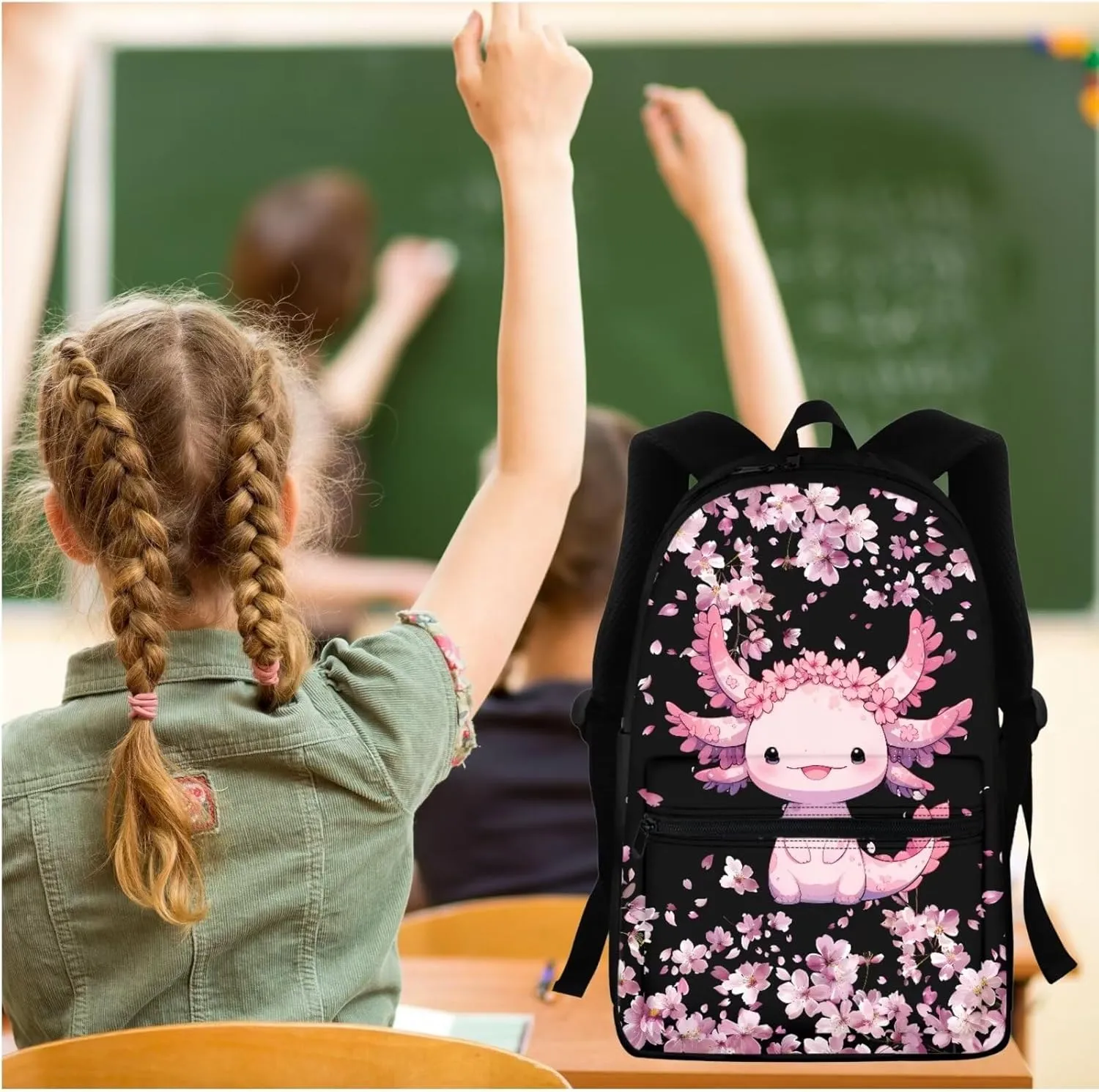 BIGCARJOB Kids Backpack Flower Axolotl School Bags for Girls 10-12 Book Bag 17 Inch Kids Children Schoolbag Large Bookbag with Lunch Box Pencil Case Set Pink Cherry Blossom Flower Axolotl Backpack Set