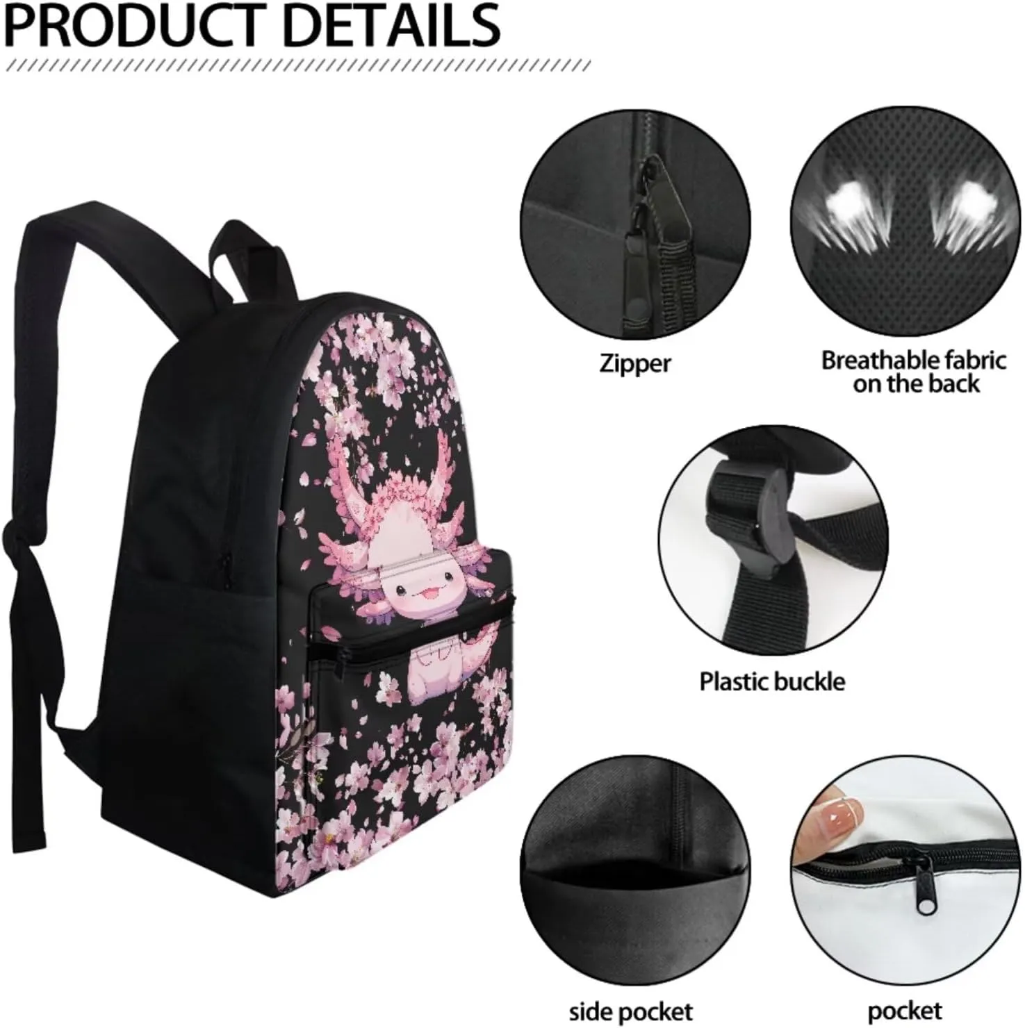 BIGCARJOB Kids Backpack Flower Axolotl School Bags for Girls 10-12 Book Bag 17 Inch Kids Children Schoolbag Large Bookbag with Lunch Box Pencil Case Set Pink Cherry Blossom Flower Axolotl Backpack Set