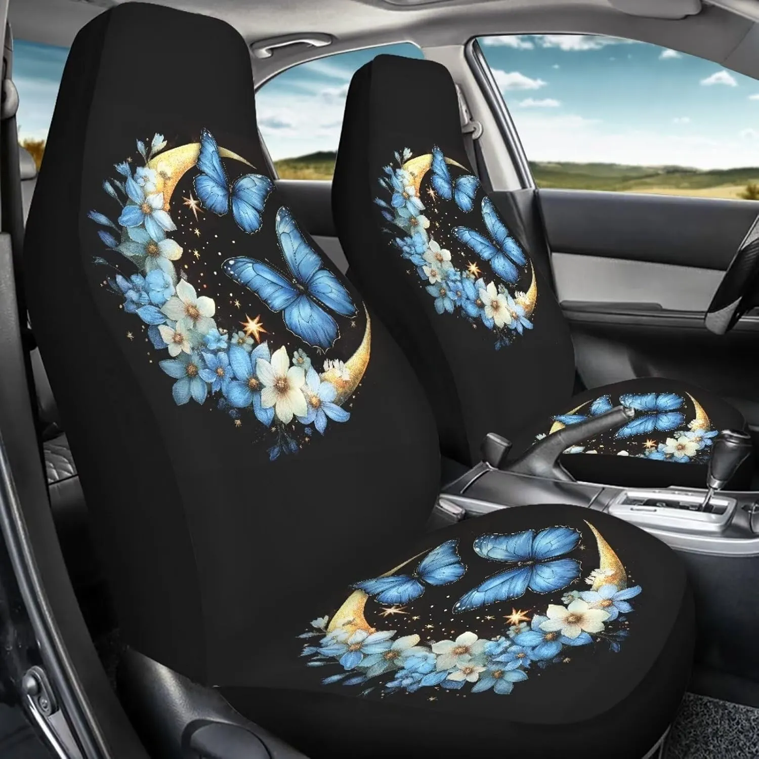 BIGCARJOB Moon Butterfly Car Seat Covers Set Universal Car Interior Seat Rugs 2 Pcs Auto Front Seat Protector Set for Women Butterfly Car Accessories Set