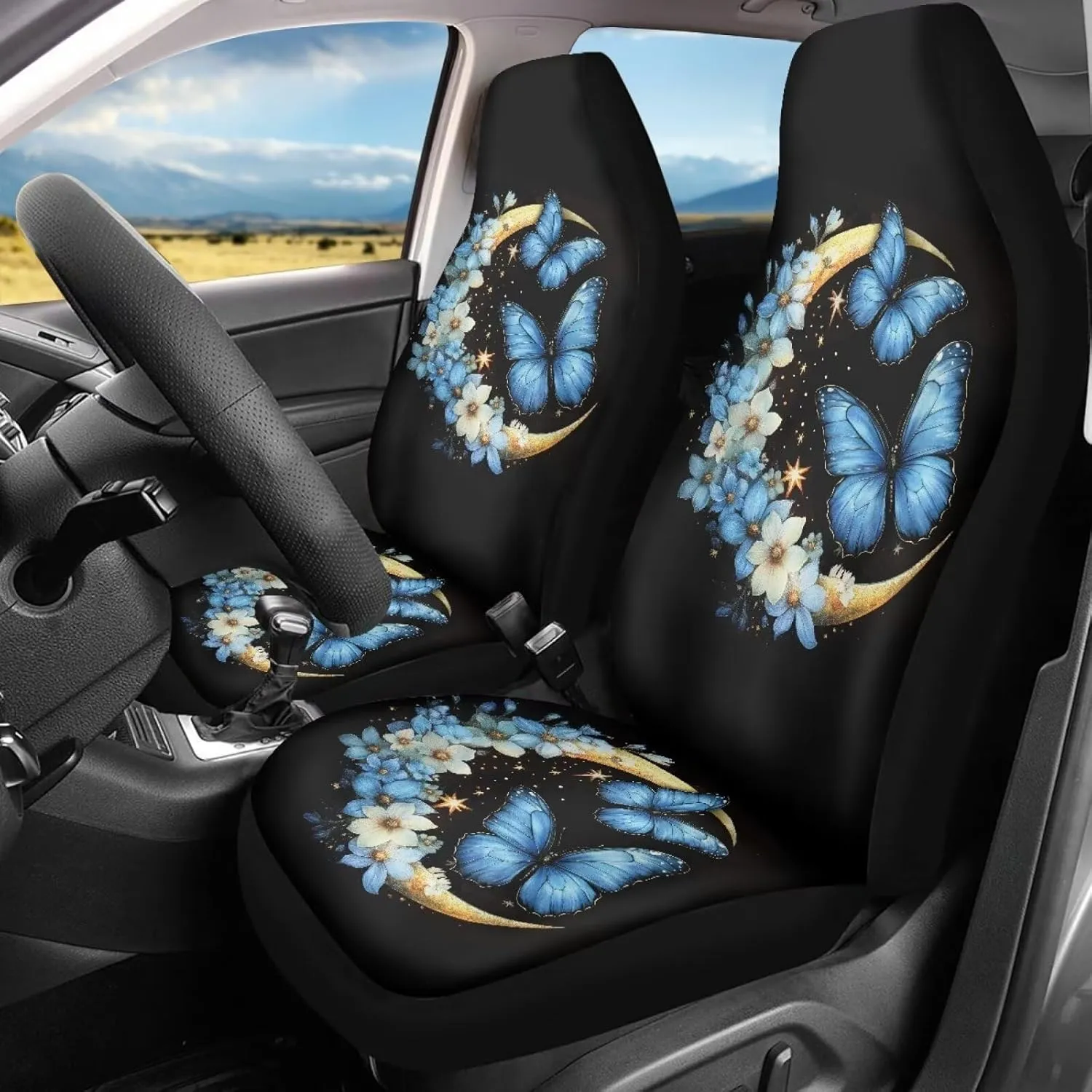 BIGCARJOB Moon Butterfly Car Seat Covers Set Universal Car Interior Seat Rugs 2 Pcs Auto Front Seat Protector Set for Women Butterfly Car Accessories Set