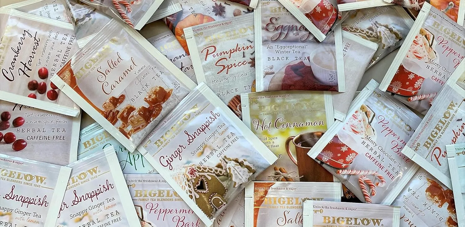 Bigelow Tea Seasonal Tea 6 Flavor Variety Pack, Mixed Caffeinated and Caffeine Free, 18 Count Pack of 6, 108 Total Tea Bags