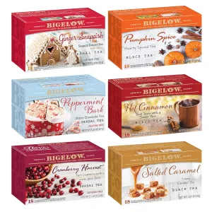 Bigelow Tea Seasonal Tea 6 Flavor Variety Pack, Mixed Caffeinated and Caffeine Free, 18 Count Pack of 6, 108 Total Tea Bags