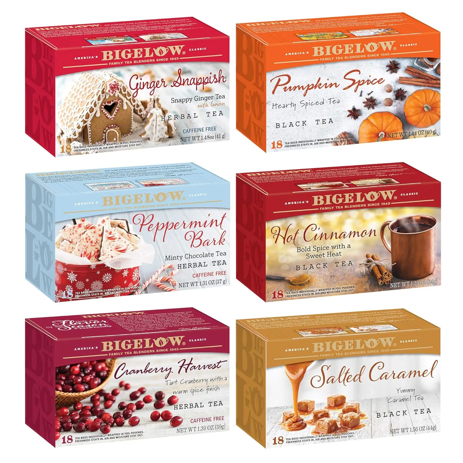 Bigelow Tea Seasonal Tea 6 Flavor Variety Pack, Mixed Caffeinated and Caffeine Free, 18 Count Pack of 6, 108 Total Tea Bags