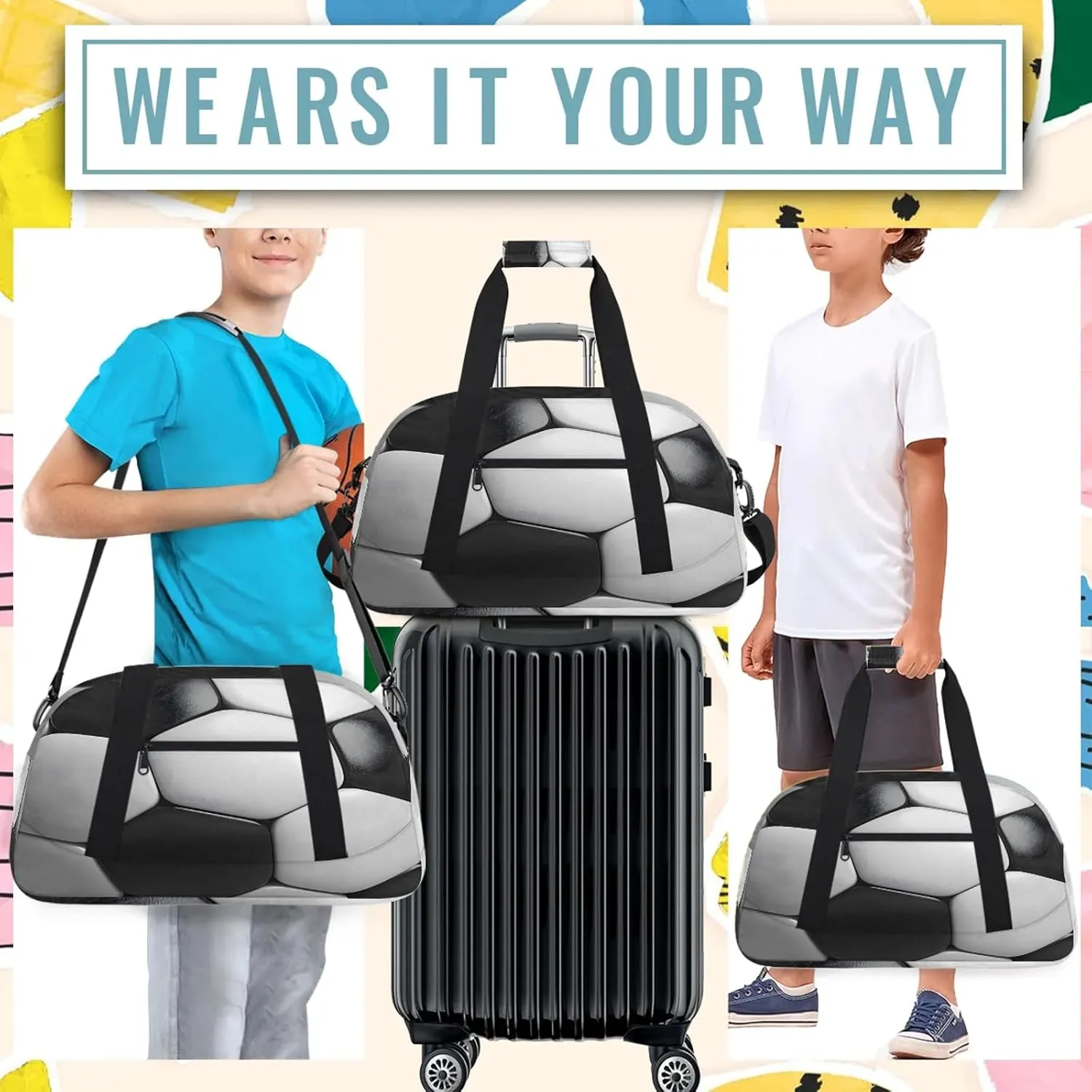 Black And White Soccer Small Gym Bag 18 inch Carry On Duffel Bag for Weekender Travel Sports Workout Yoga Gymnastics Dance Ballet