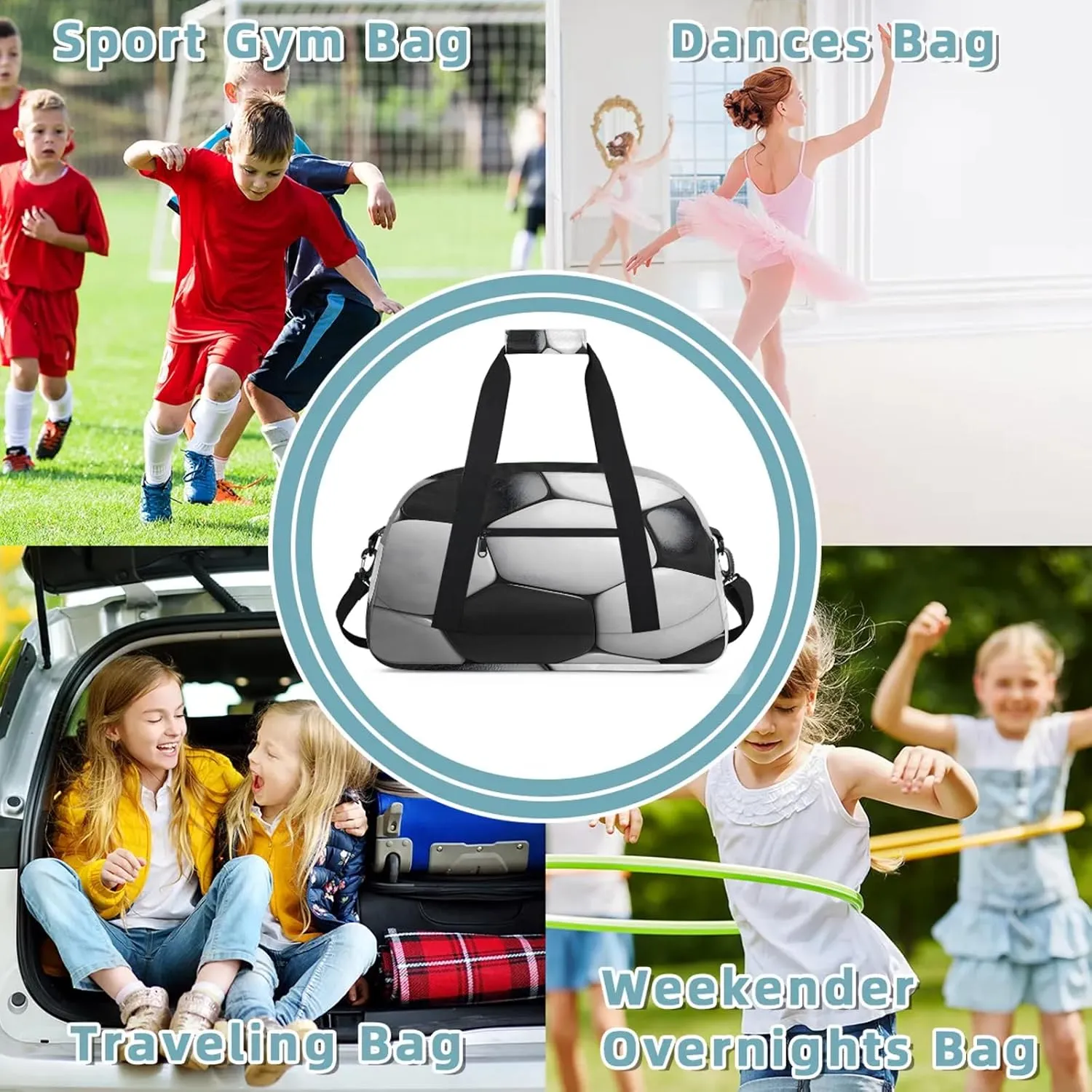 Black And White Soccer Small Gym Bag 18 inch Carry On Duffel Bag for Weekender Travel Sports Workout Yoga Gymnastics Dance Ballet
