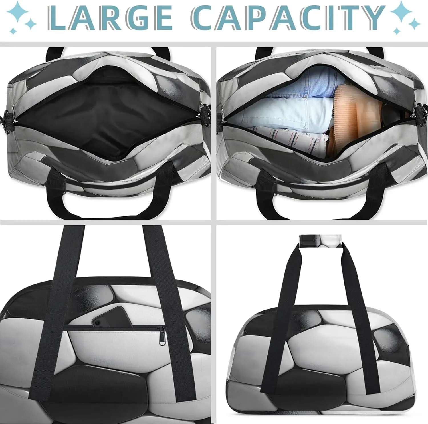 Black And White Soccer Small Gym Bag 18 inch Carry On Duffel Bag for Weekender Travel Sports Workout Yoga Gymnastics Dance Ballet