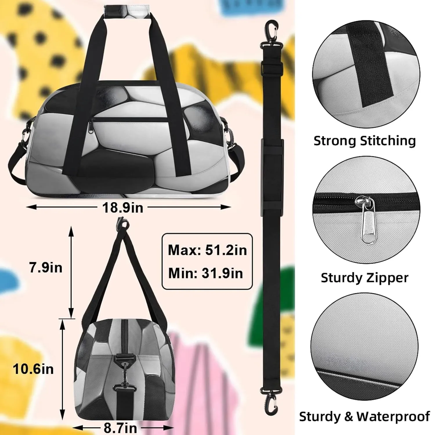 Black And White Soccer Small Gym Bag 18 inch Carry On Duffel Bag for Weekender Travel Sports Workout Yoga Gymnastics Dance Ballet