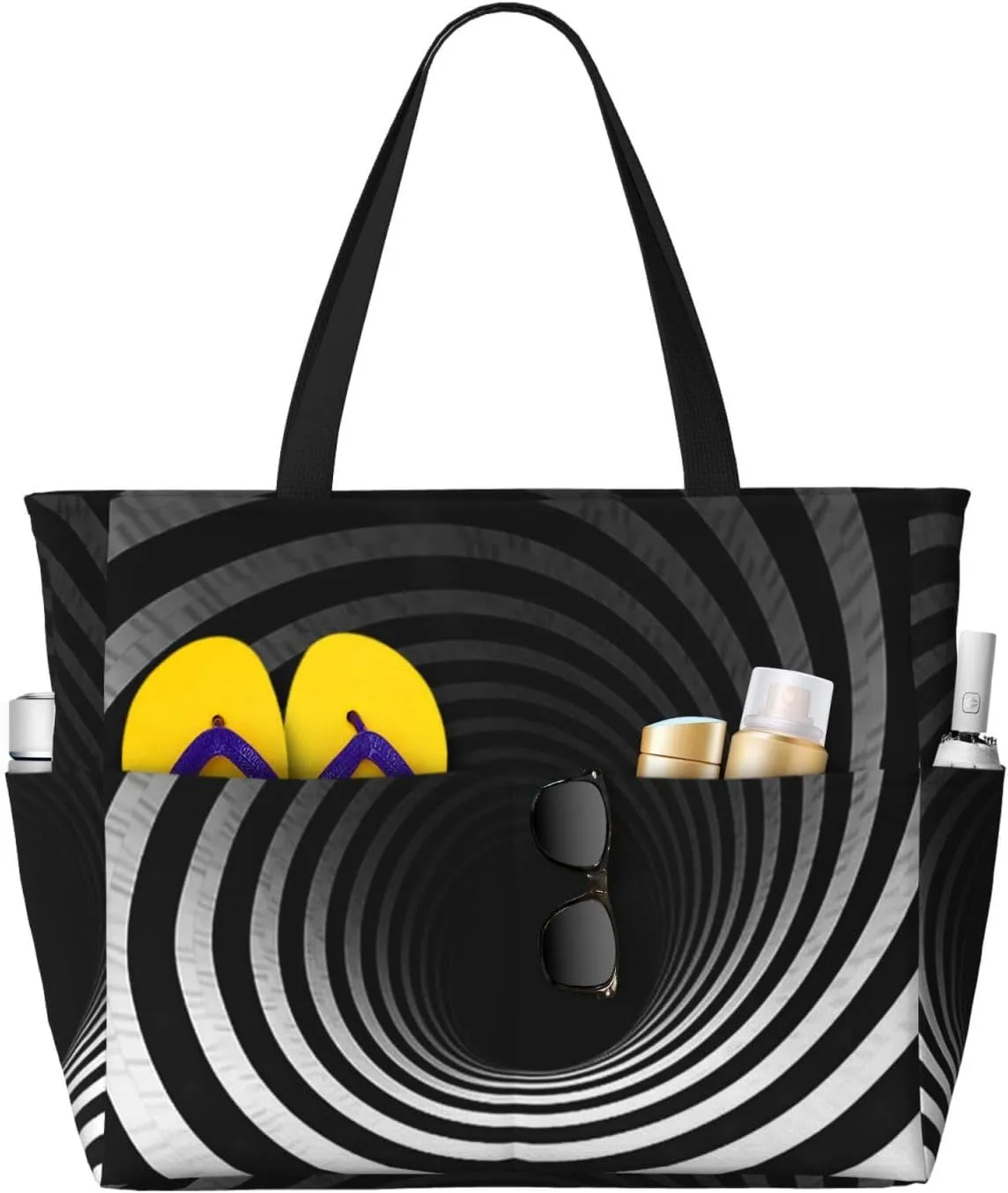 Black And White Spiral Tunnel Beach Bags For Women Large Waterproof Sandproof Beach Tote Bag Lightweight Carry On Bag For Gym Travel Vocation