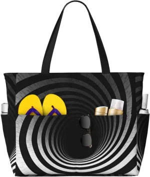 Black And White Spiral Tunnel Beach Bags For Women Large Waterproof Sandproof Beach Tote Bag Lightweight Carry On Bag For Gym Travel Vocation