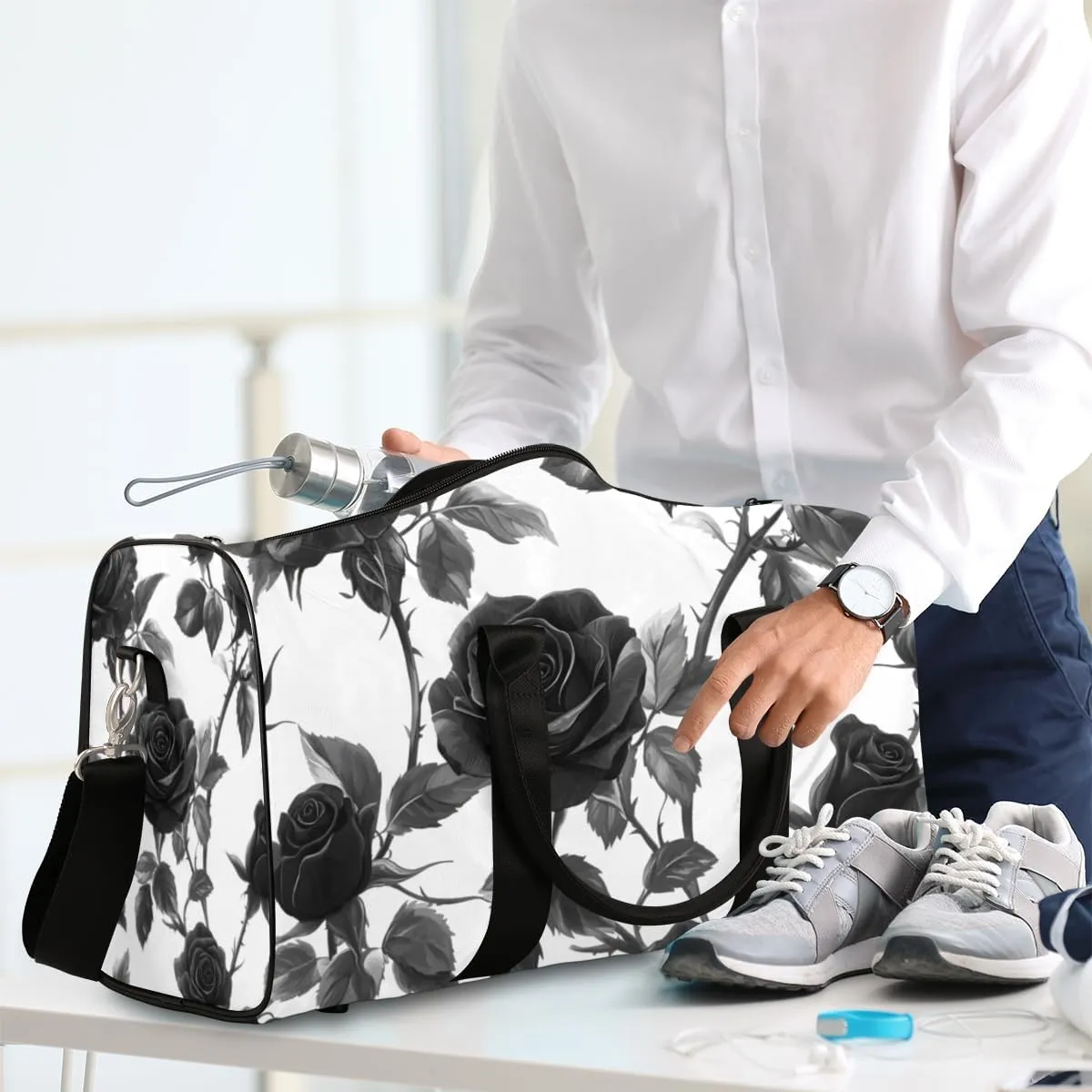 Black Roses Travel Duffle Bag for Women Men Gym Duffel Foldable Bag Waterproof Weekender Rose Blossom Duffle Tote