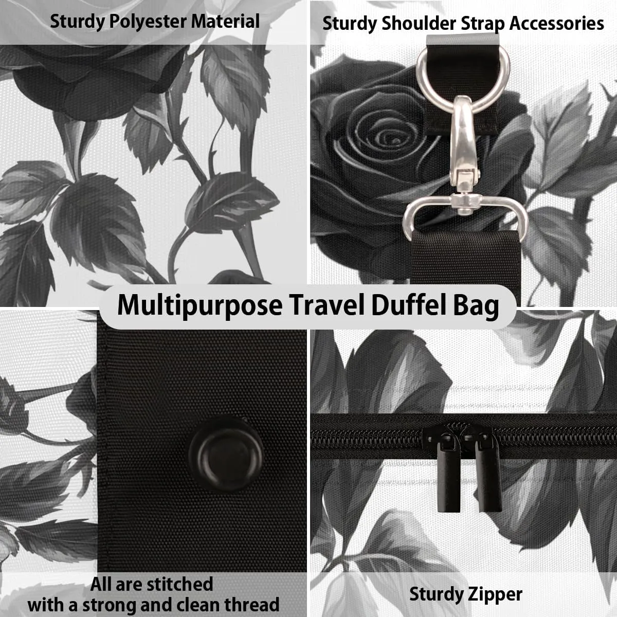 Black Roses Travel Duffle Bag for Women Men Gym Duffel Foldable Bag Waterproof Weekender Rose Blossom Duffle Tote