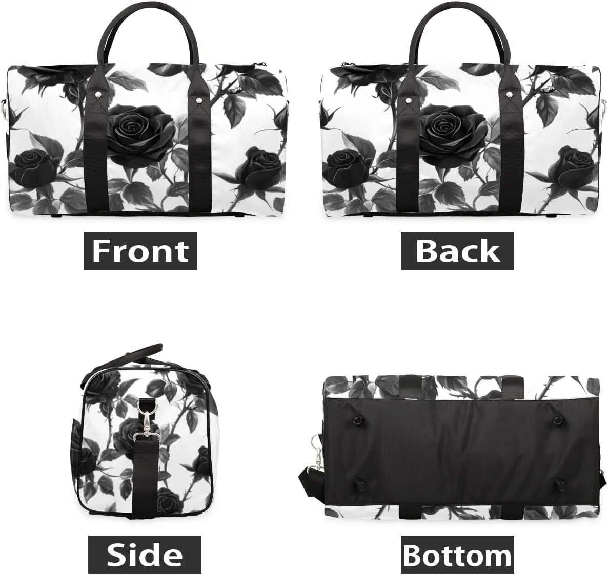 Black Roses Travel Duffle Bag for Women Men Gym Duffel Foldable Bag Waterproof Weekender Rose Blossom Duffle Tote
