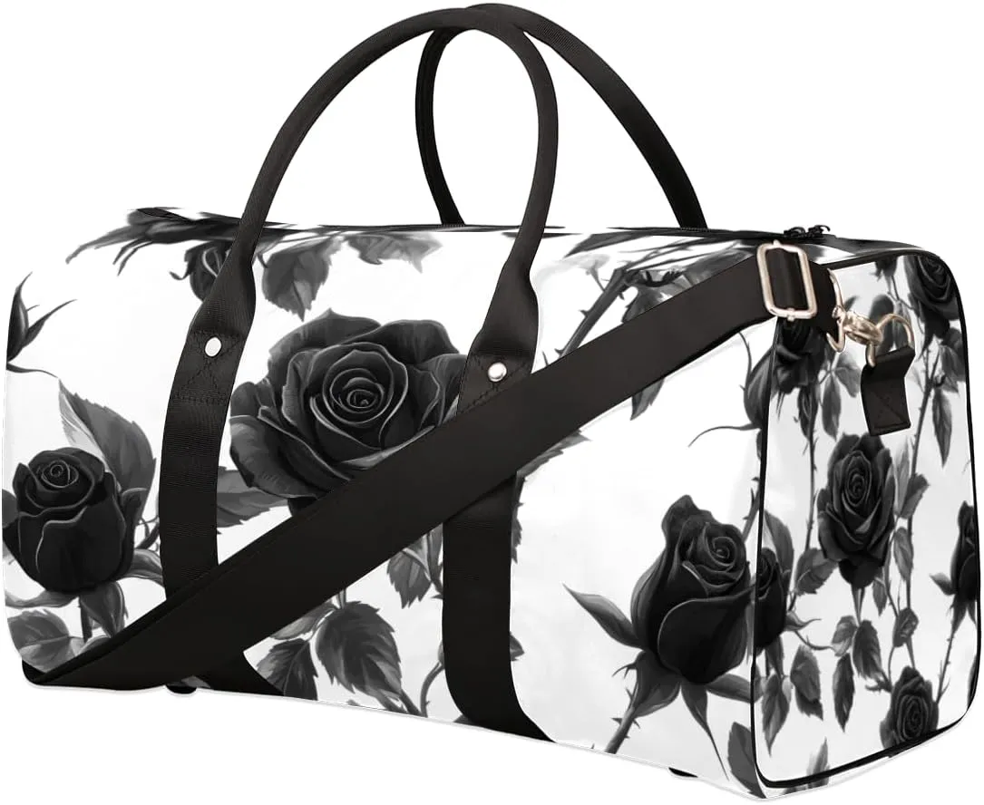 Black Roses Travel Duffle Bag for Women Men Gym Duffel Foldable Bag Waterproof Weekender Rose Blossom Duffle Tote