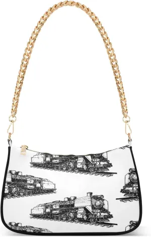 Black Steam Locomotive Train Womens Shoulder Bag for Women Girls Hobo Tote Handbag Gold Chain Crossbody Bag with Zipper Clutch Purse Handbags