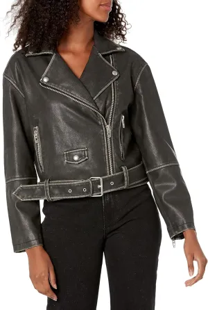 [BLANKNYC] womens Luxury Clothing Vegan Leather Moto Jacket With Belt, Comfortable & Stylish Coat