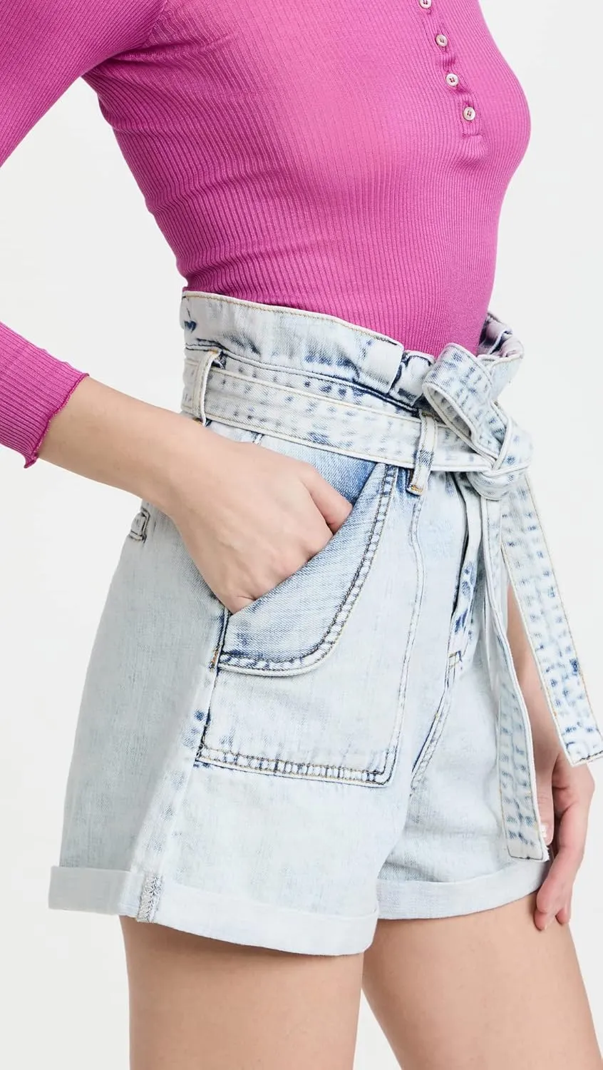 [BLANKNYC] Womens Pleated Denim Paper Bag Cuffed Shorts with Self Belt, Stylish & Designer Clothing