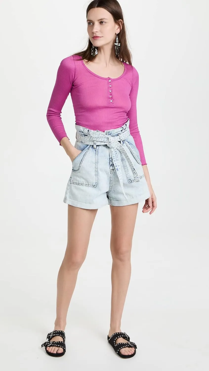 [BLANKNYC] Womens Pleated Denim Paper Bag Cuffed Shorts with Self Belt, Stylish & Designer Clothing